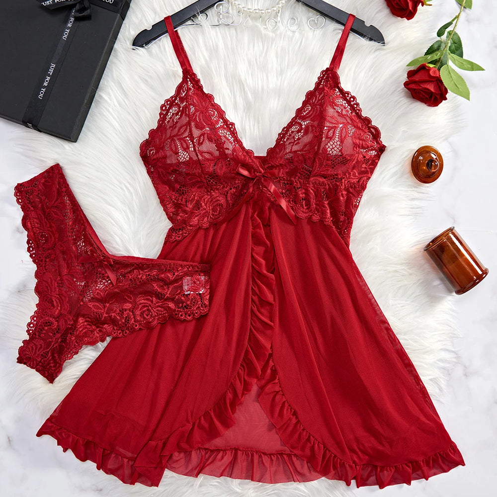Nuisette en Dentelle Rouge Transparent Sexy
