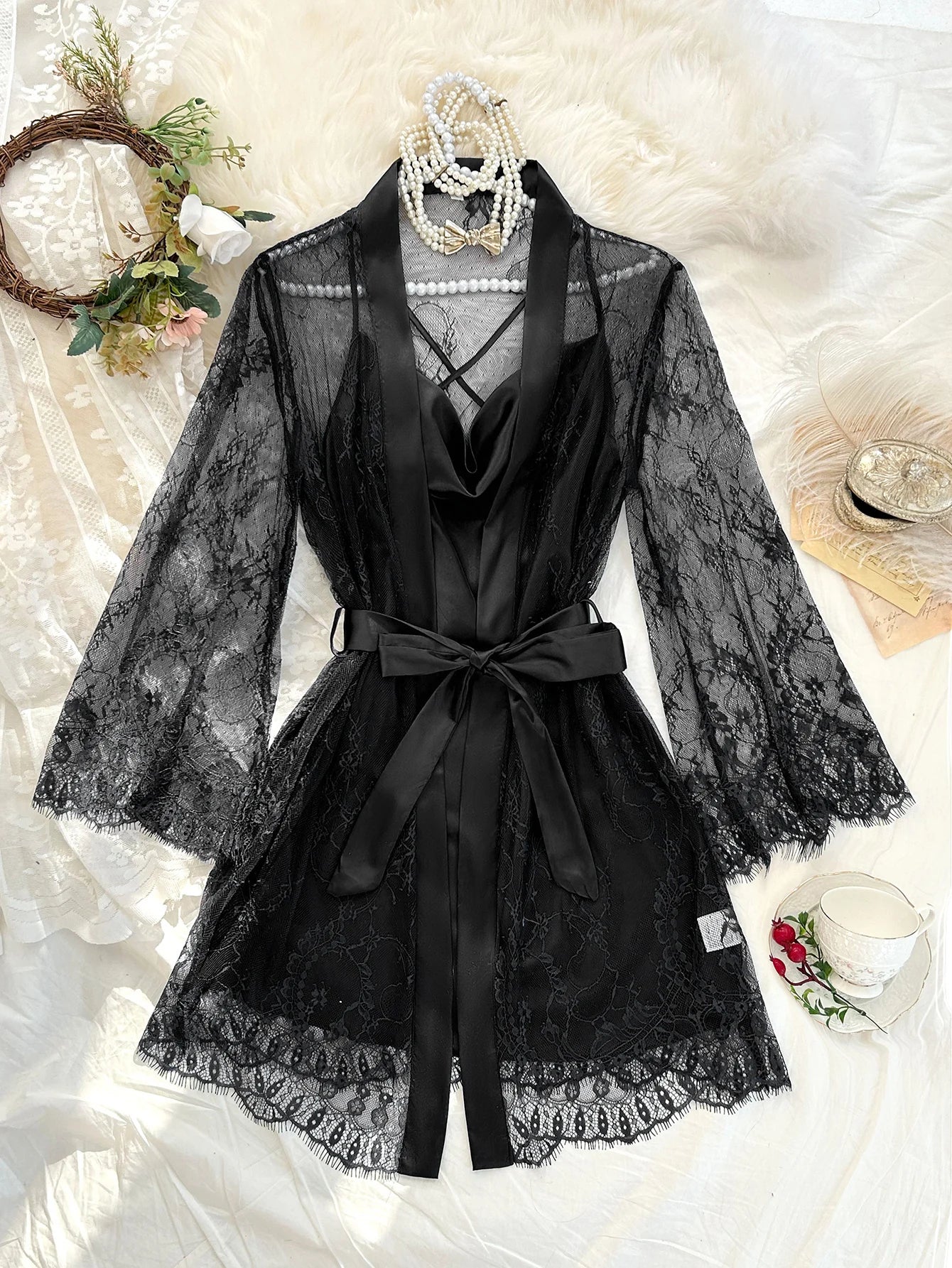 Ensemble Pyjama en Dentelle Transparente Sexy