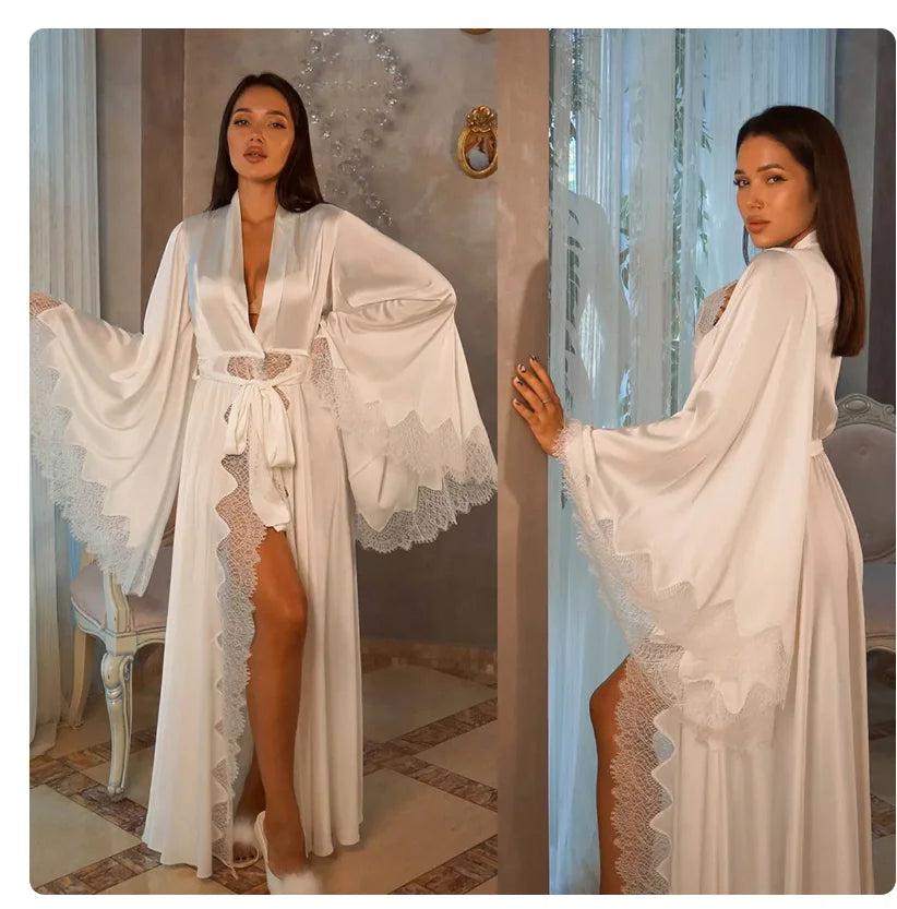 Kimono en Dentelle Noire Long de Mariée