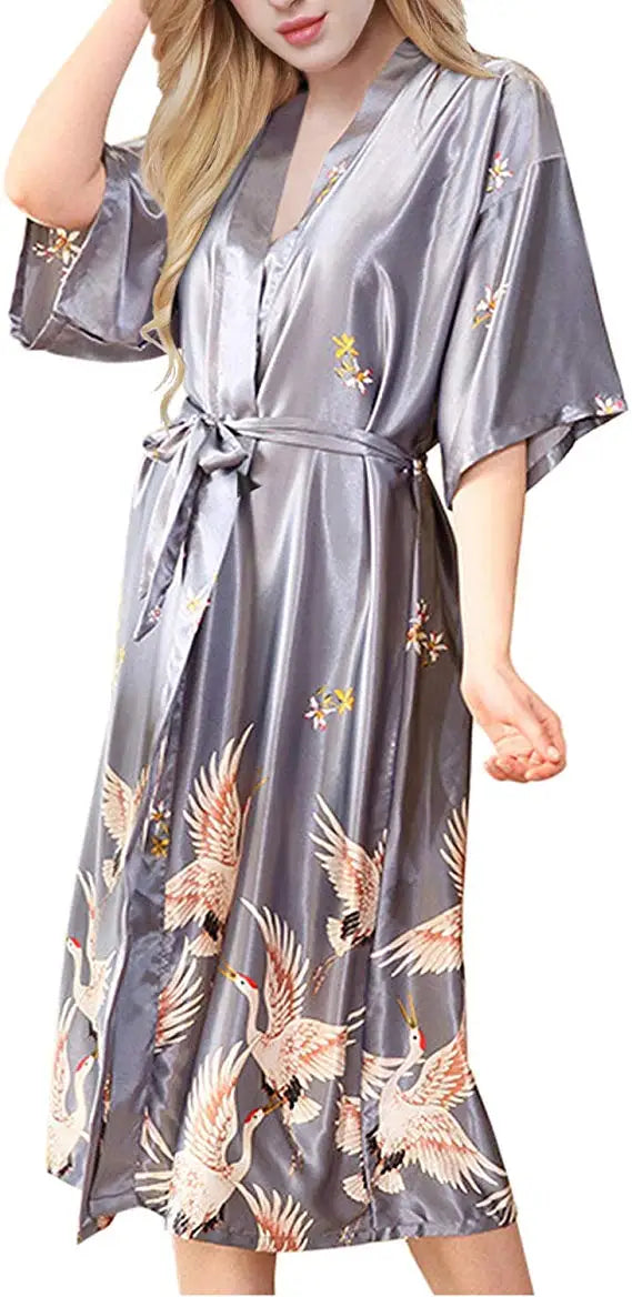 Peignoir en Satin Gris Long de Mariée