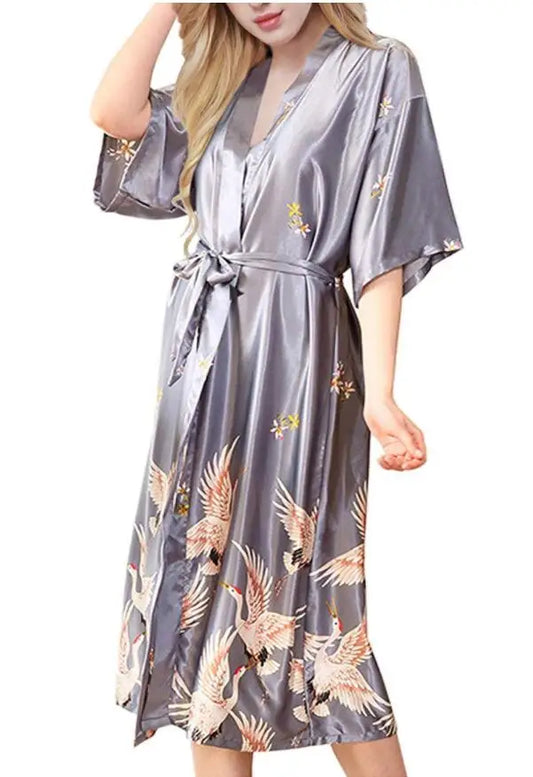 Peignoir en Satin Gris Long de Mariée