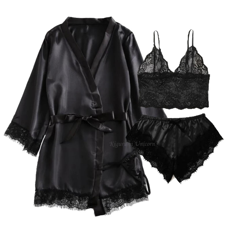 Ensemble Pyjama en Dentelle Noire à Bretelles Sexy