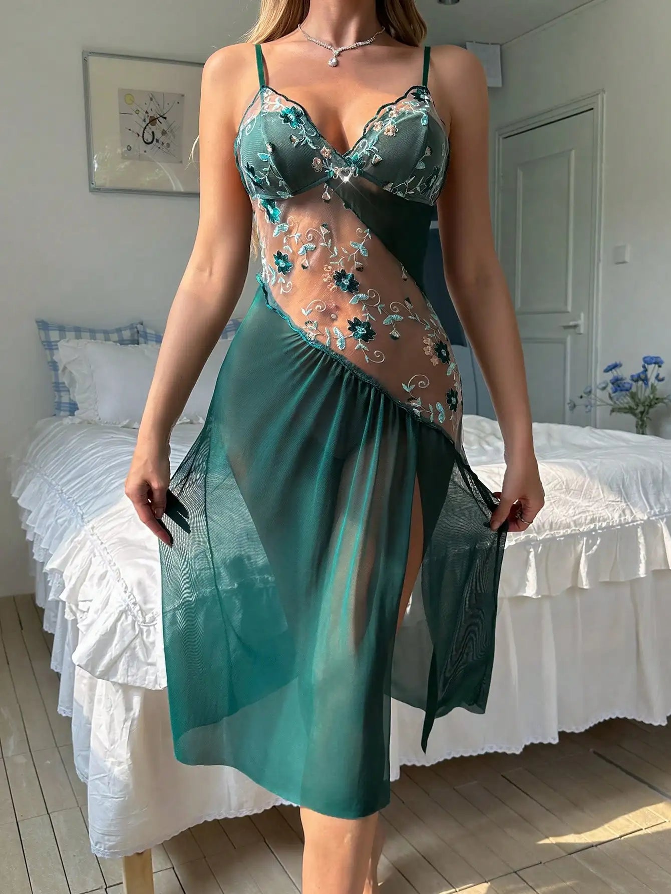 Chemise de Nuit en Dentelle Rose Dos Ouvert d'été Sexy