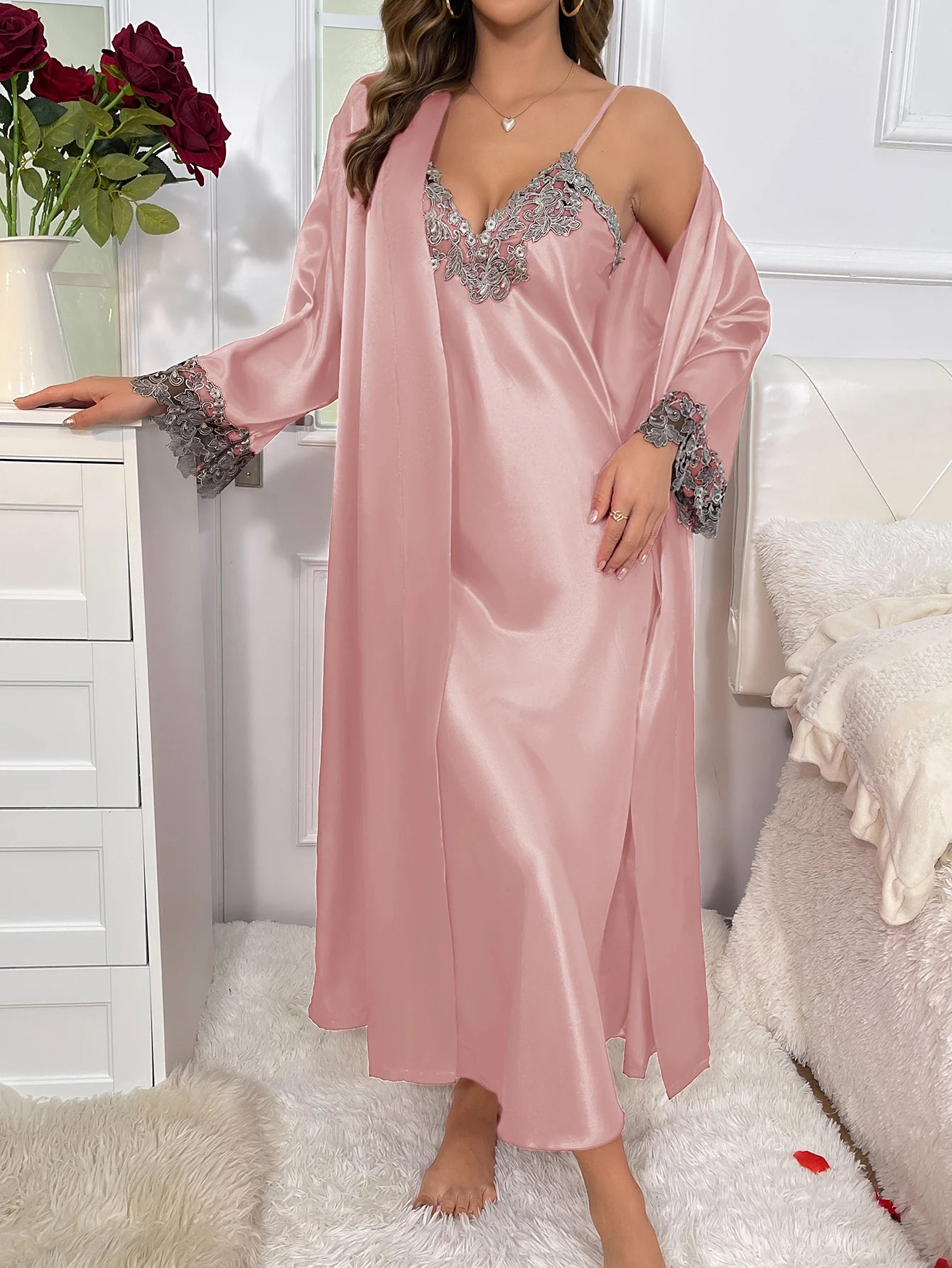 Ensemble Pyjama en Dentelle Col en V Sexy #3