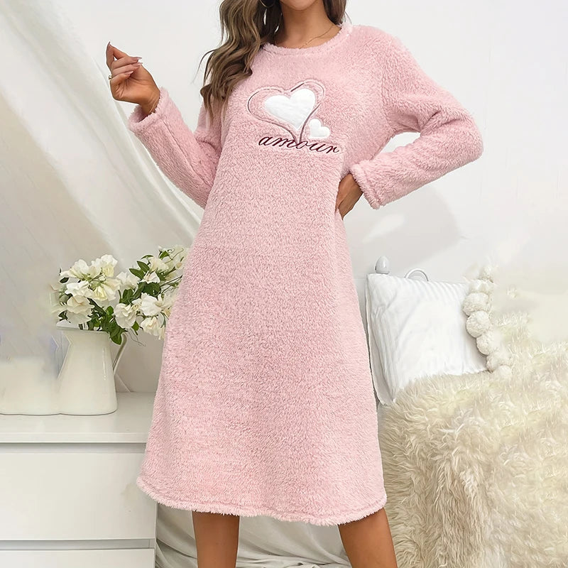 Chemise de Nuit en Flanelle Rose Manches Longues