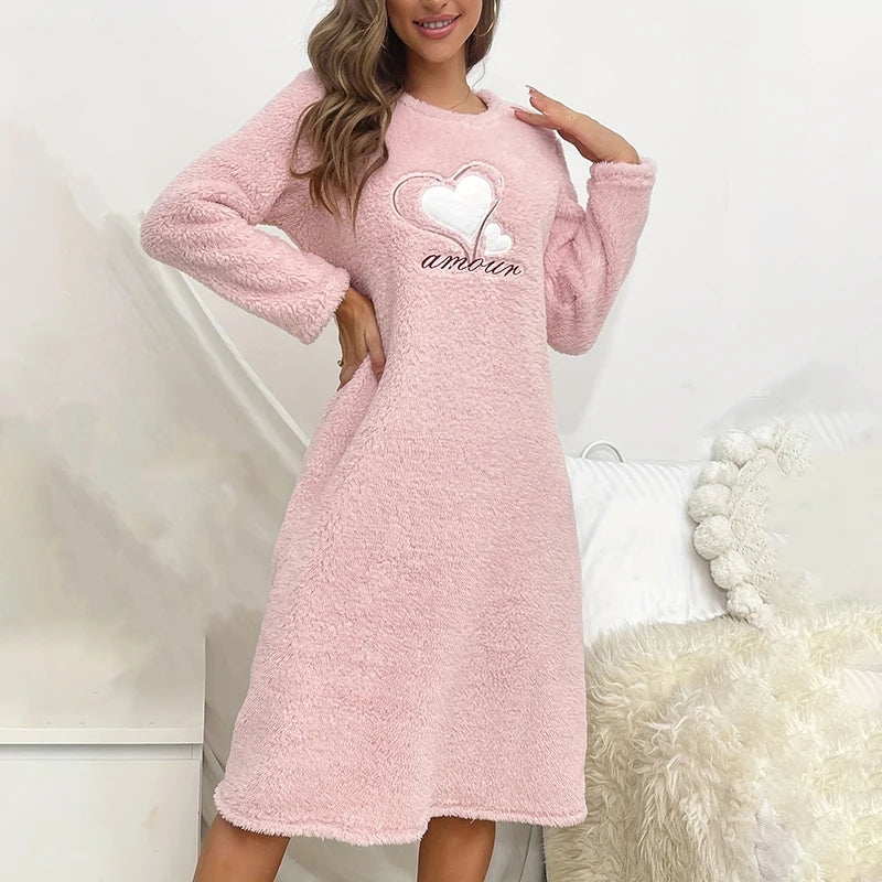 Chemise de Nuit en Flanelle Rose Manches Longues