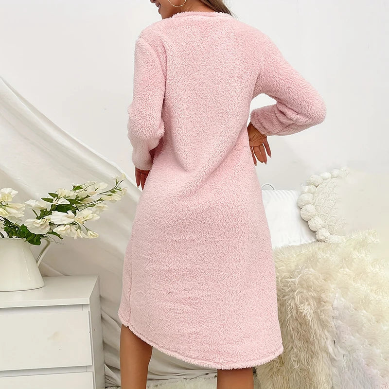 Chemise de Nuit en Flanelle Rose Manches Longues