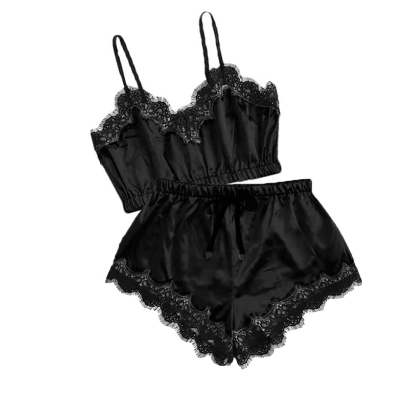 Ensemble Pyjama en Dentelle Noire à Bretelles Sexy