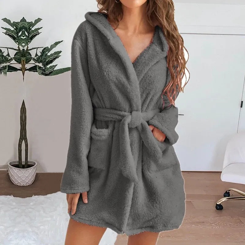 Peignoir en Peluche à Capuche d'hiver Sexy #2